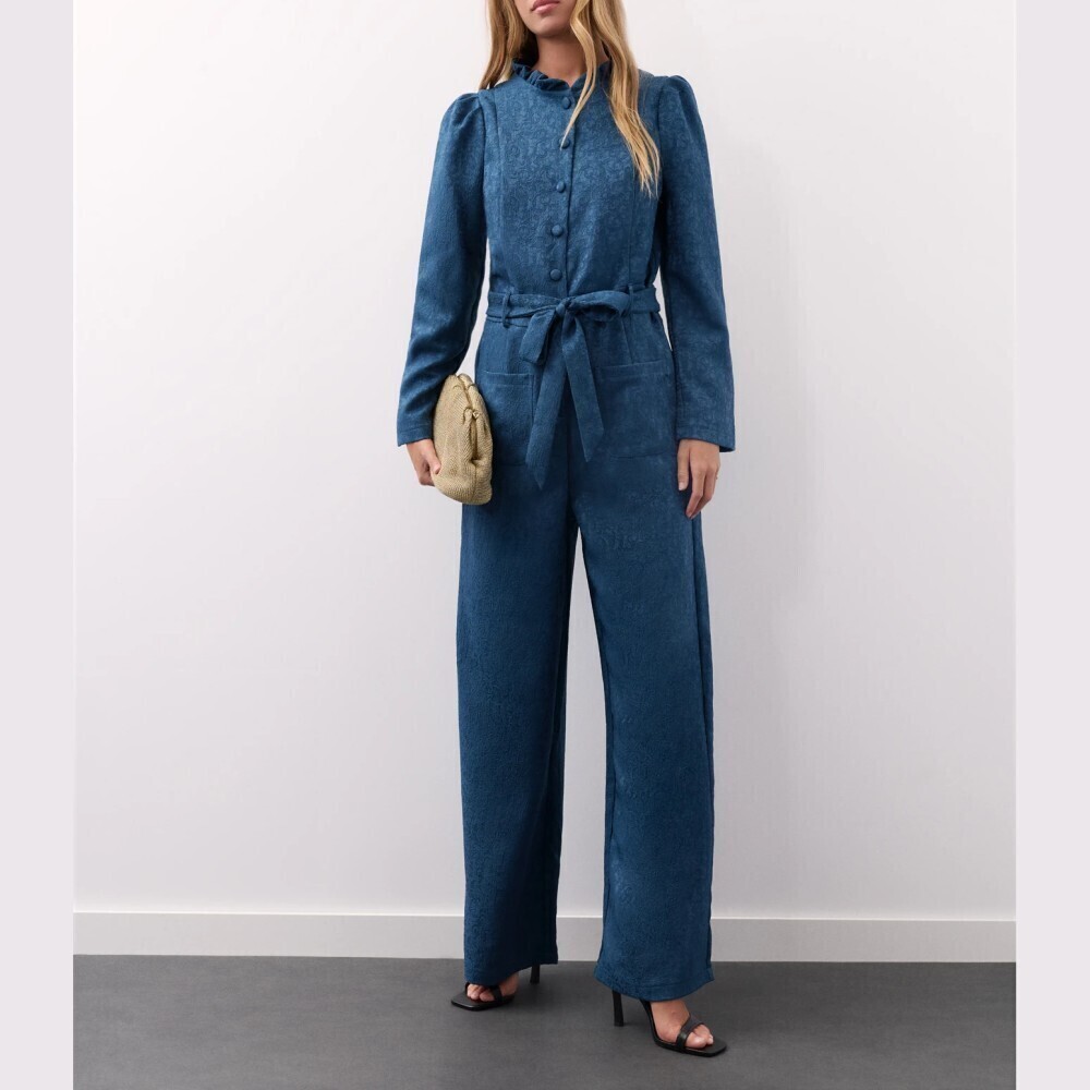 Teal Blue Textured Belted Wide Leg Puff Sleeve Jumpsuit